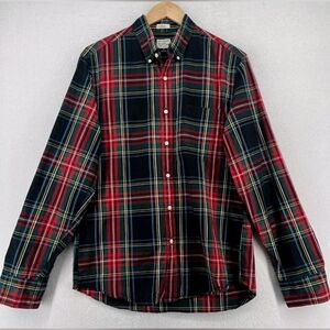 J Crew Secret Wash Men's Tartan Black Plaid Organic Cotton Shirt Size Large Tall